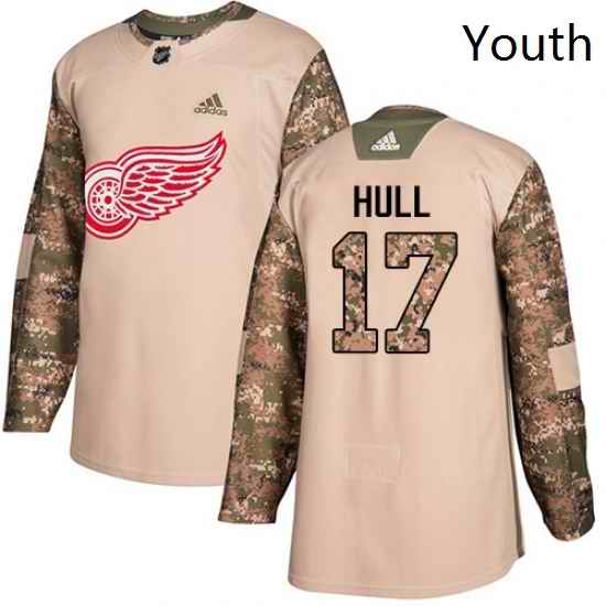 Youth Adidas Detroit Red Wings 17 Brett Hull Authentic Camo Veterans Day Practice NHL Jersey
